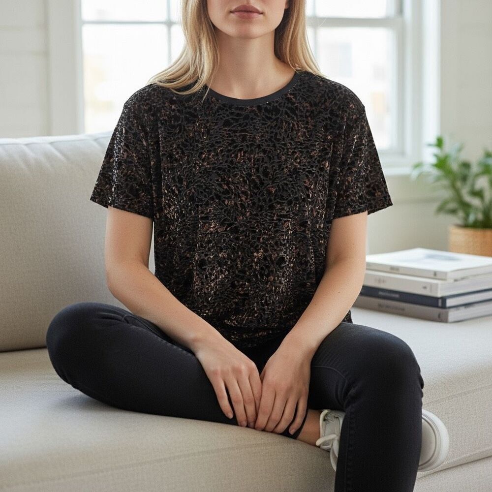 We The Free Teddy Tee Cheetah Combo Oversized Loose Fit Velvet Tee sz Xs‎